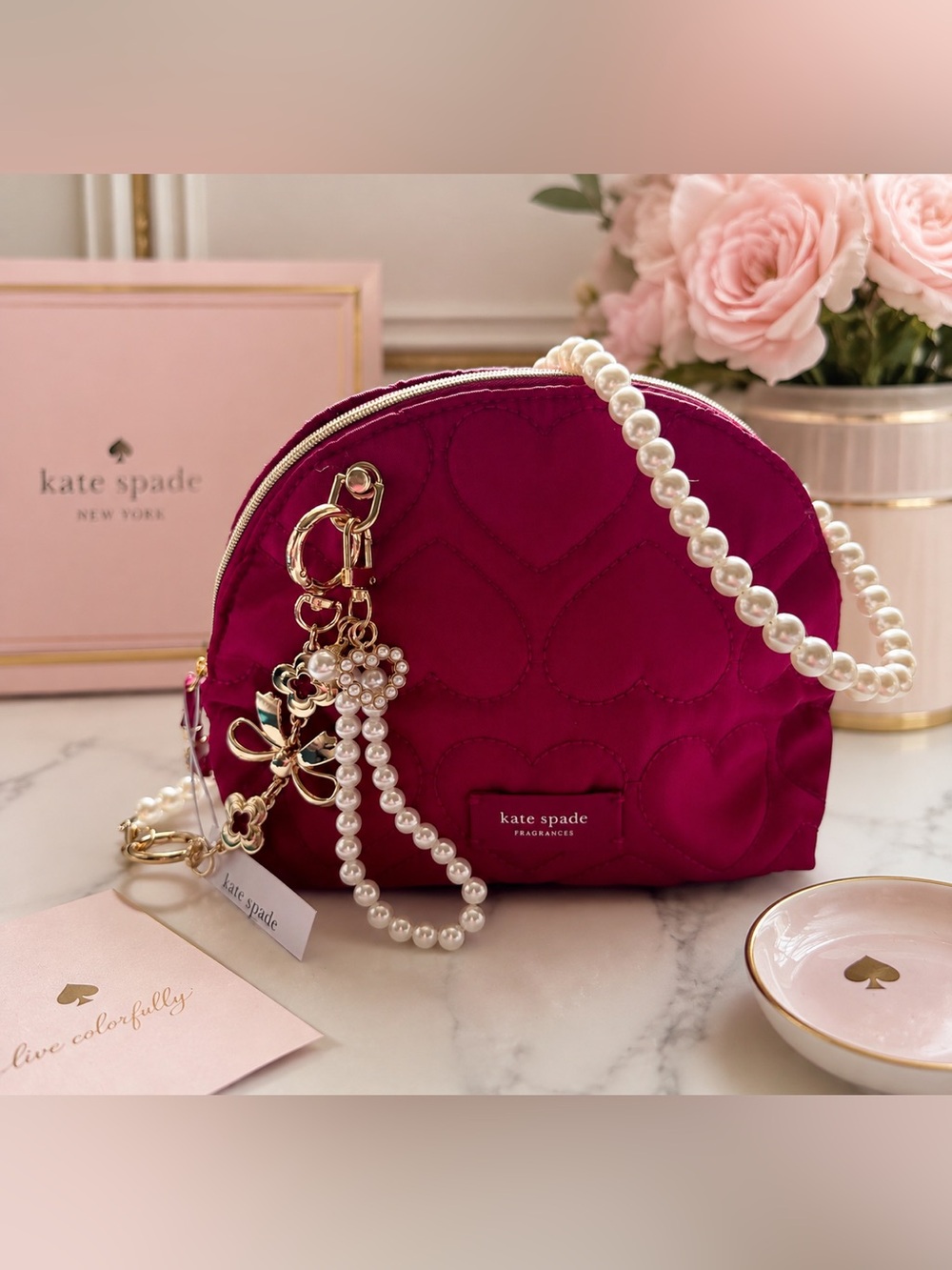 kate spade Quilted Fuchsia Pearl-Accent Cosmetic Bag
